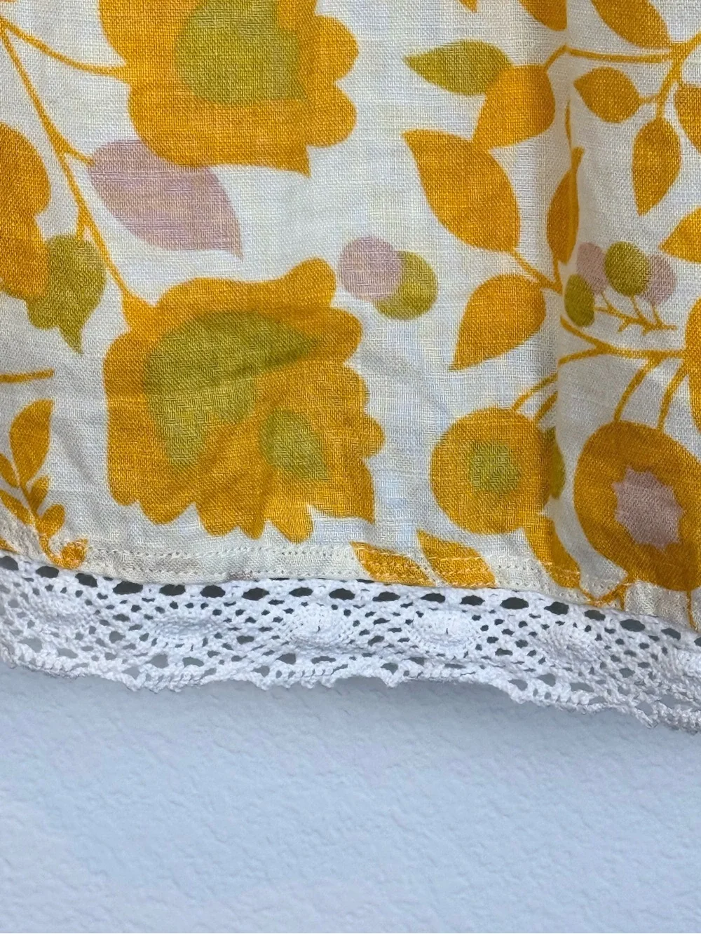 Boden Yellow Floral Print Linen Dress Lace Trim Hem Short Sleeve Fit & Flare 12R